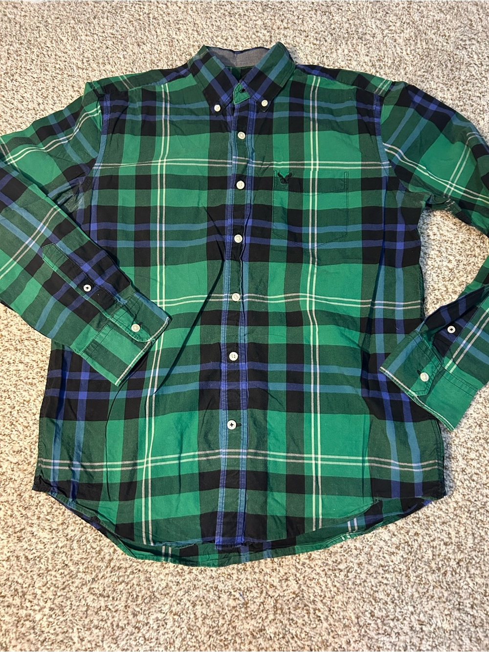 American Eagle Outfitters Green and Blue Plaid Button-Down Shirt